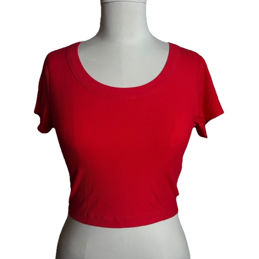 Zenana Women Red Ribbed Scoop Neck Short Sleeve Crop Top RRT-8492A5 Size L